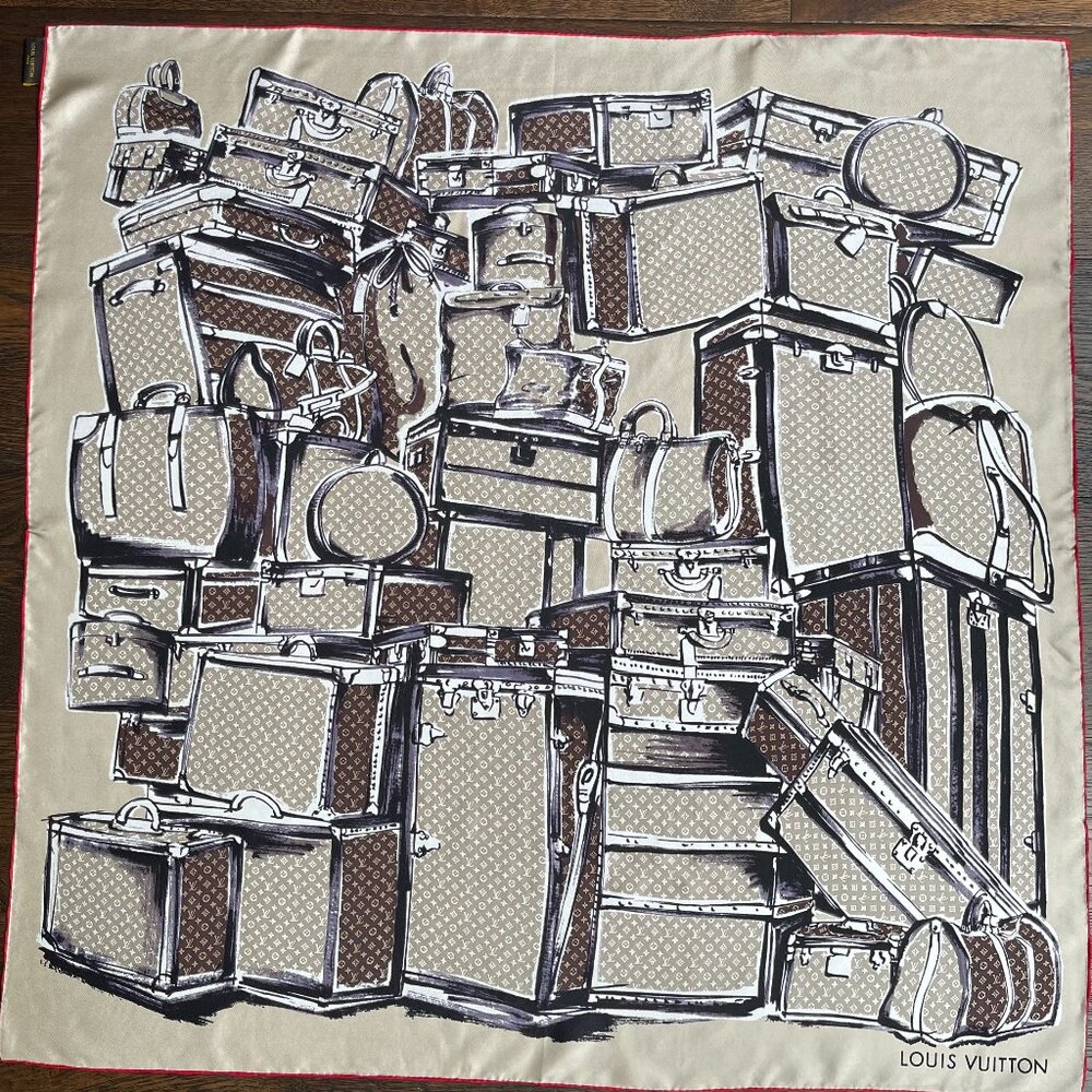 New Louis Vuitton Scarf Trunks Monogram Beige Brown Silk Wrap